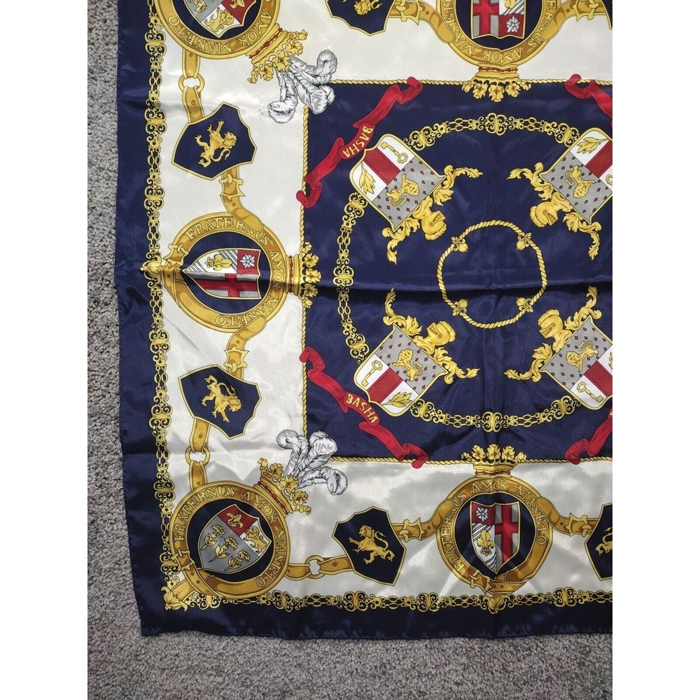 Basha Vintage Heraldic Print Scarf Hand Roll 30 in W X 30 in L Shield, Lion Gold - Picture 3 of 10